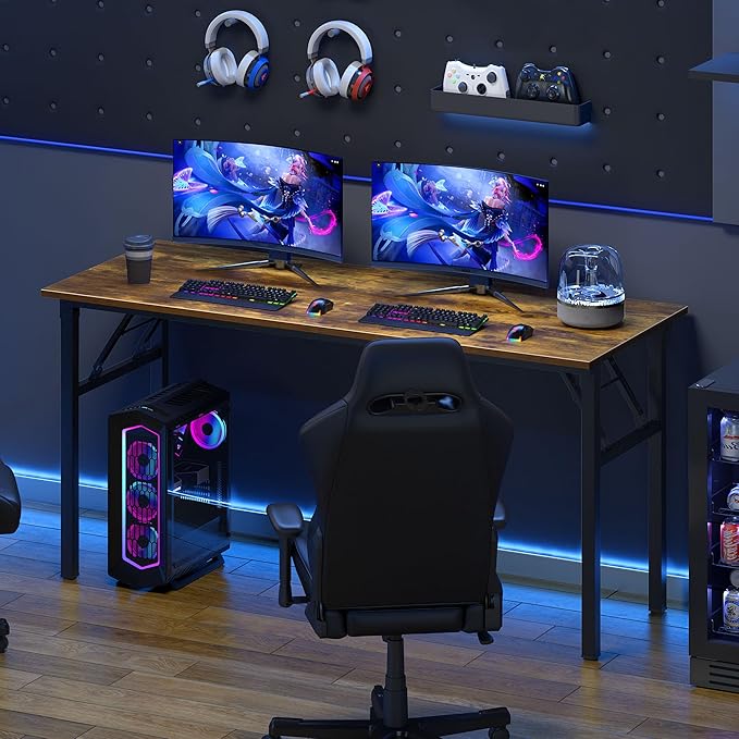 Need Home Office Desk Large Computer Desk 60 inch Sturdy Table Foldable Desk Gaming Computer Table No Assembly Required, Rustic Brown&Black Frame AC5FB(152.4 * 60)