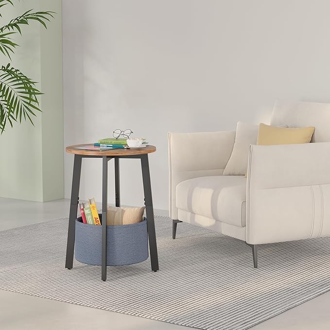 Small Round Side End Table Set of 2 with Cloth Storage Basket, Round Bedside Sofa Couch Coffee Tables for Small Places with Metal Frame, Modern Nighstands for Living Room Bedroom,Rustic Brown