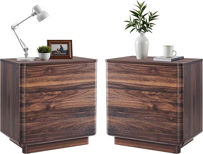 JXQTLINGMU 22" Modern Nightstand Set of 2 with Charging Station, Large Push-to-Open End Table, Wood Bedside Table, Curved Profile, Handleless 3 Drawer Night Stand for Bedroom, Living Room, Brown