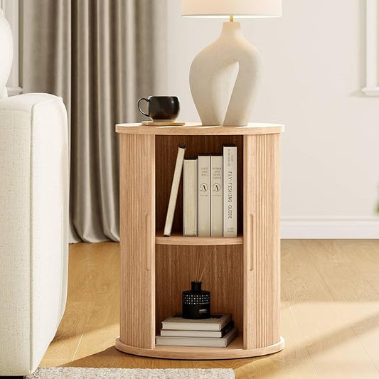 LINSY HOME Round Fluted End Table, Tall Side Table with Sliding Tambour Door and Storage Shelf, Modern Bedside Table, Mid-Century Nightstand for Living Room, Bedroom, Oak