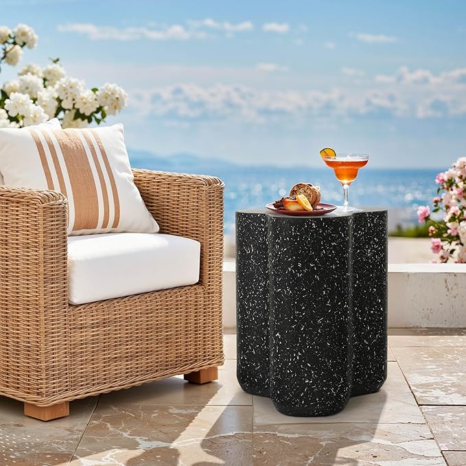 18” Outdoor Side Table, Durable Lightweight MGO Faux Terrazzo Patio Accent Table, Outdoor Modern Coffee Table, 3-in-1 Weatherproof End Table Garden Stool for Garden, Balcony,Poolside,Black