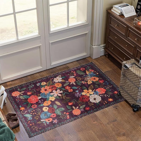 Floral Rug for Entryway, 2X3 Washable Kitchen Mat Ultra-Thin Soft, Non-Slip Indoor Door Carpet Stain Resistant Boho Small Low-Pile Throw for Bathroom Bedroom (2 x 3, Purple Lawn)