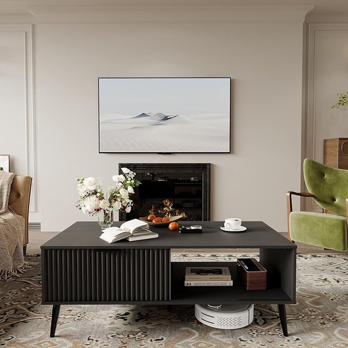 41.34''D Coffee Table, 2-Tiers Farmhouse Coffee Tables With Storage and Sliding Wave Pattern Door, Modren Tea Table, Wooden Dining Center Tables for Living Room, Office, Bedroom, Outdoors, Black