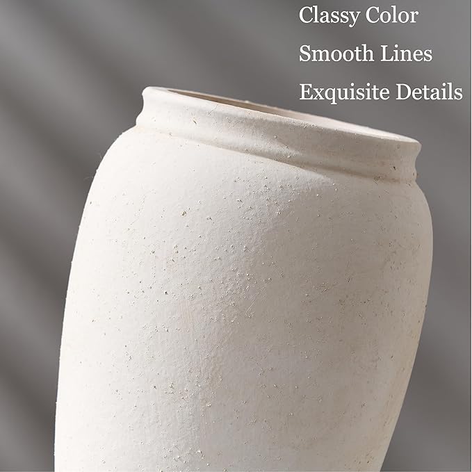 Ceramic Vase, 8.2 Inches Vintage Pottery White Vases, Rustic Home Decor, Farmhouse Terra Cotta Vase for Living Room, Entryway, Floor, Holiday Wedding Christmas New Year Gifts-Beige