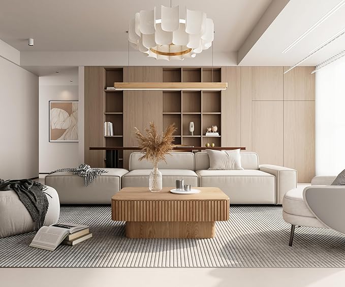 38.6'' Lift Top Fluted Coffee Table with Hidden Compartment, Modern Rectangular Wooden Center Table Cocktail Tea Table with Storage and Adjustable Height for Living Room Apartment,Natural