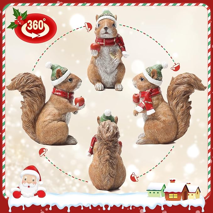 Christmas Squirrel Statue for Home Decor, Ideal for Holiday Cheer, Christmas Figurine Indoor for Shelf Mantel Winter Table Centerpiece, Birthday Gift for Women