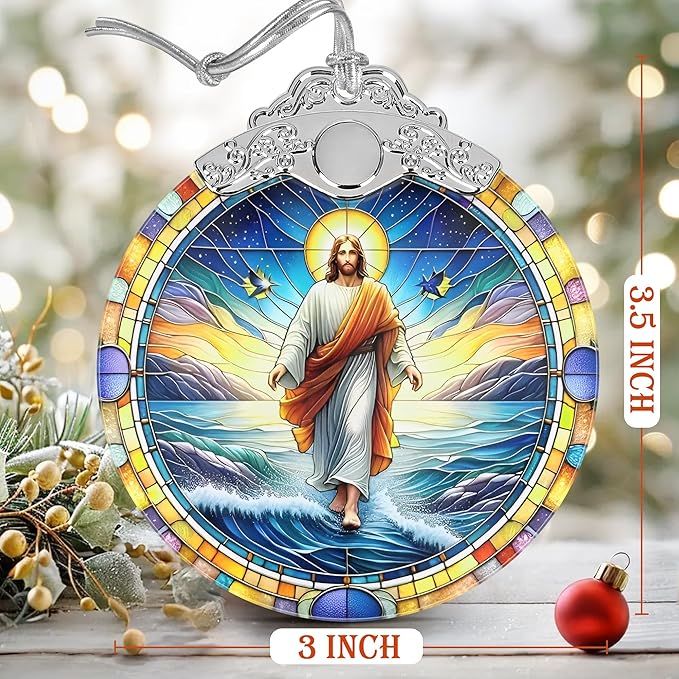 Jesus Christmas Ornaments, 3" Stained Glass Christmas Decor, Christmas Tree Ornaments, Christmas Tree Decorations, Gift for Religious Believers, Perfect for Holiday Party, Window, Tree, Home Decor