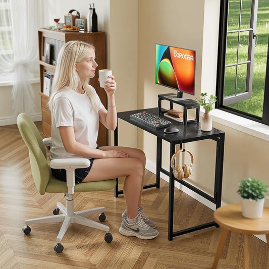 Folding Desk with Monitor Stand, 31.5 Inch Foldable Computer Desk with Hook, Sturdy Small Space Saving Writing Table for Home Office Dorm, Black