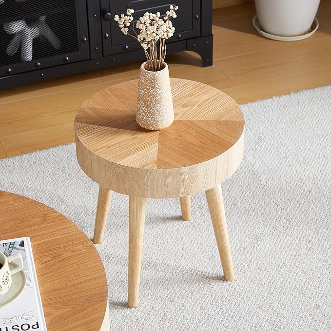 2 Pieces Round Wood Coffee Table Set, Modern Sofa End Table, Accent Side Table for Living Room ﻿ (Natural)