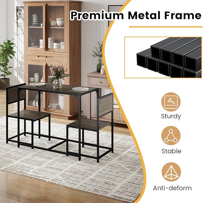 COSTWAY Small Dining Table for 2, Industrial Table and Chairs Set w/Metal Frame, Wood Grain Surface, 3-Piece Dinette Set, Space-Saving Kitchen Table Set for Small Place, Apartment, Home (Gray Oak)