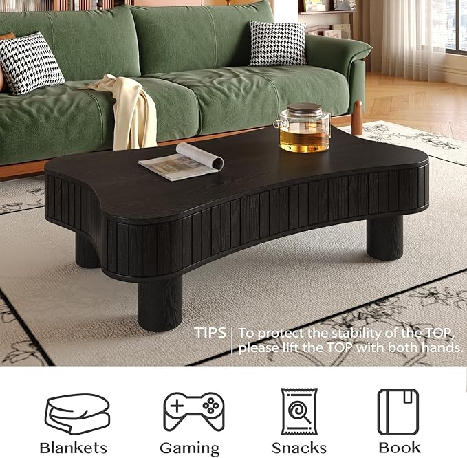 42.5" Lift Top Fluted Coffee Table with Hidden Storage Compartment, Modern Cloud-Shaped Wooden Center Table Cocktail Tea Table with Curved Safety Corners and Adjustable Height, Black