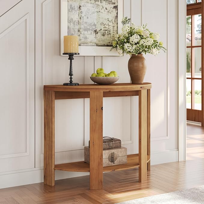 Solid Wood Half-Moon Console Table for Entryway, 41.3" Farmhouse Small Hallway Entry Accent Table with 2-Tier Storage for Living Room, Foyer, Entrance, Easy Assembly