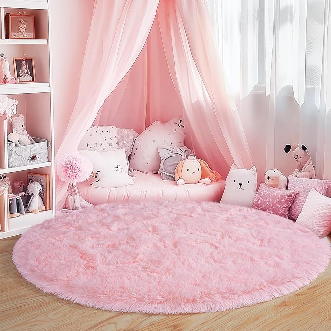 5'x5' Round Pink Rugs for Girls Bedroom, Ultra Soft Fluffy Circle Rug for Kids Room, Cute Shag Rugs for Living Room Playroom Tent Castle Home Decor Rug