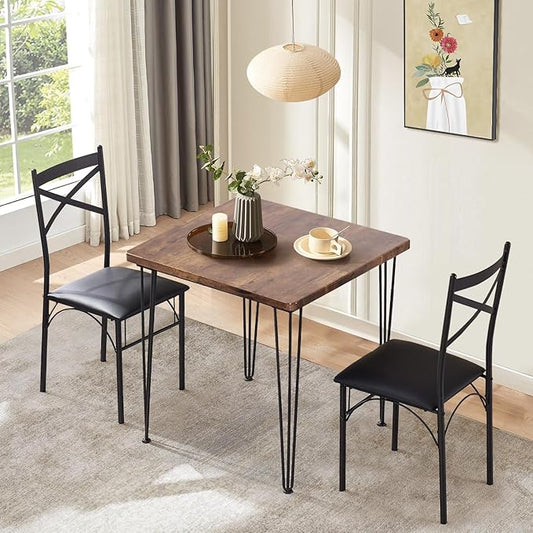 VECELO 3 Piece Dining Table Set for 2, Kitchen Table Set with 2 Chairs for Small Space, Space-Saving and Modern Design, Apartment, Easy to Assemble,Classic Brown