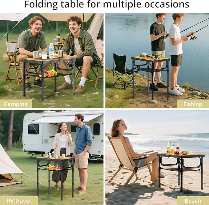 Anbte 2ft Camping Table Foldable with Storage Net, 3 Adjustable Heights Aluminum Small Folding Table, Lightweight, Portable Handle, for Travel Outdoor Beach Camping Picnic, 23.2" x 16", Yellow