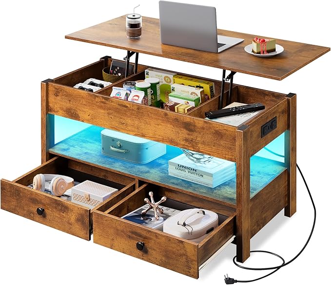 WLIVE Coffee Table, Lift Top Coffee Table with 2 Drawers, LED Light, Large Hidden Compartment and Open Shelf, Lift Tabletop, Dining Table for Living Room, Rustic Brown