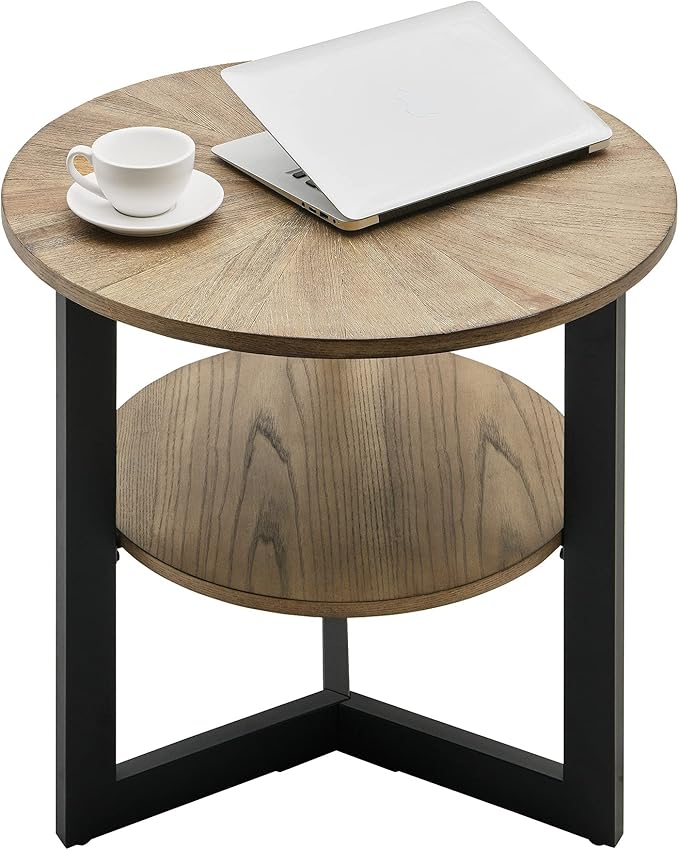 MODERION Round Large End Table with 2 tire Storage Shelf, 25.2” Solid Wood Sofa Side Table with Black Metal Frame, Beside Table for Living Room,Small Space Rustic Natural CJZ1338