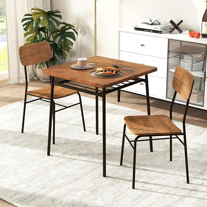 GOFLAME 3-Piece Dining Table Set for 2, Wood Square Kitchen Table & Chairs Set with Metal Frame, Storage Rack, Space-Saving Industrial Dinette Set for Dining Room, Living Room, Breakfast Nook