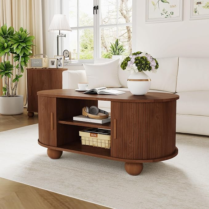 Rectangle Coffee Table, Fluted Coffee Tables for Living Room, Mid-Century Coffee Table Center Table with Storage & Sliding Doors for Apartment, Home Office (Walnut)