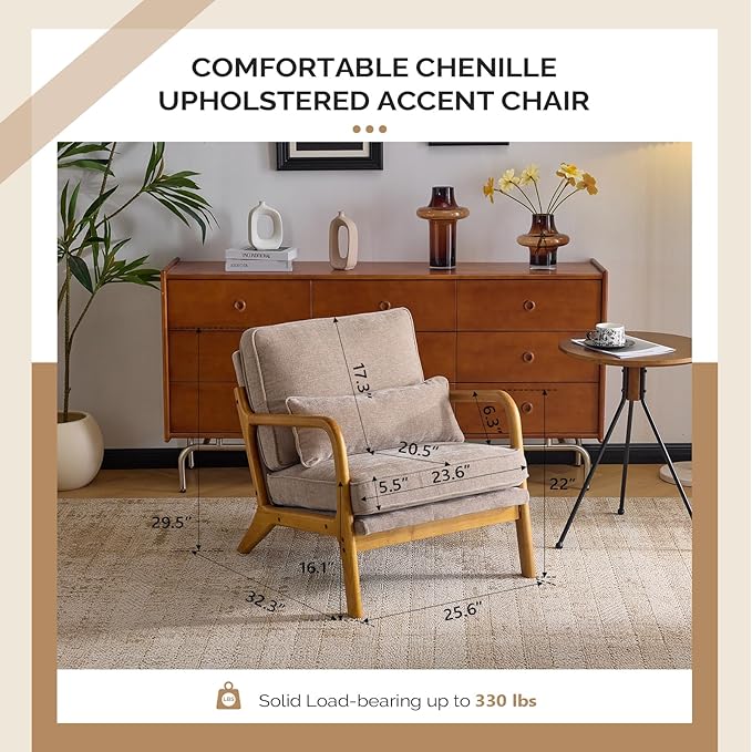 VINGLI Chenille Mid-Century Modern Accent Chair Set of 2, Cute Reading Arm Chair with Cushion & Lumbar Pillow & Solid Wood Frame for Lounge, Living Room, Reading Room, Bedroom, Light Khaki