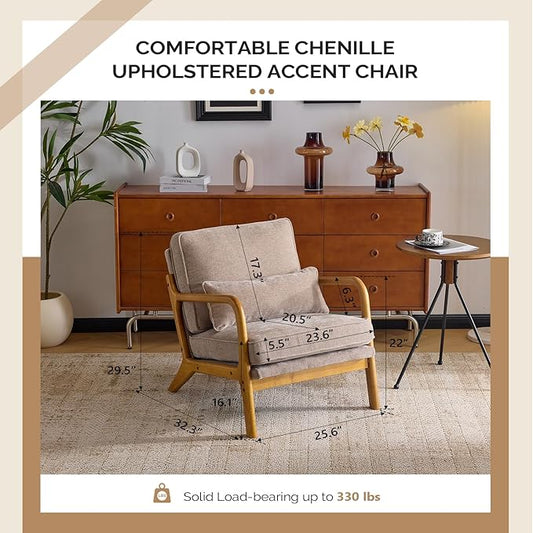 VINGLI Chenille Mid-Century Modern Accent Chair, Cute Reading Arm Chair with Cushion & Lumbar Pillow & Solid Wood Frame for Lounge, Living Room, Reading Room, Bedroom, Light Khaki