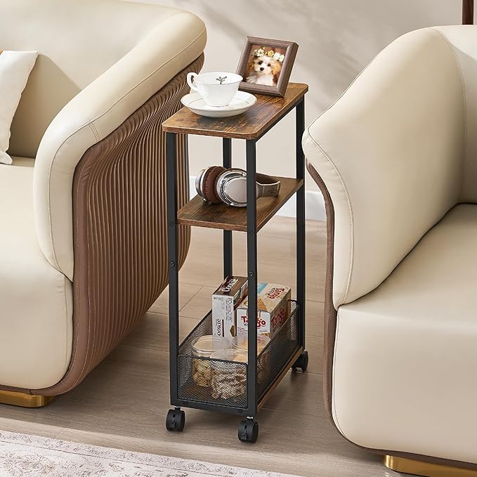 Side Table with Wheels of 2, Narrow Side Table with 3-Layer Storage Shelves, Slim Nightstand, Metal Frame, for Small Spaces, Living Room, Bedroom, 7.9" W x 15.7" D x 25.2" H, Rustic Brown