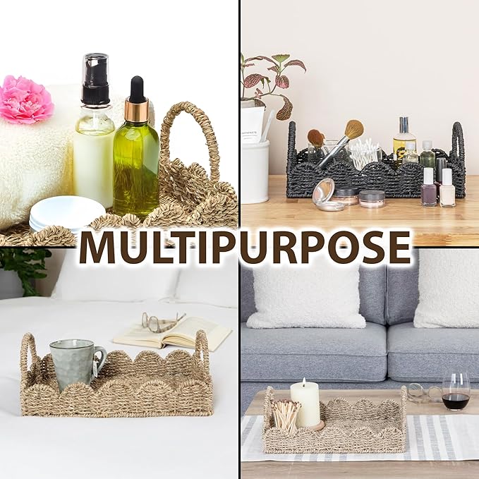 14" Handmade Wicker Tray with Scalloped Edge, Seagrass Basket with Handles, Decorative Boho Accent for Coffee Table or Ottoman, Holiday Serving