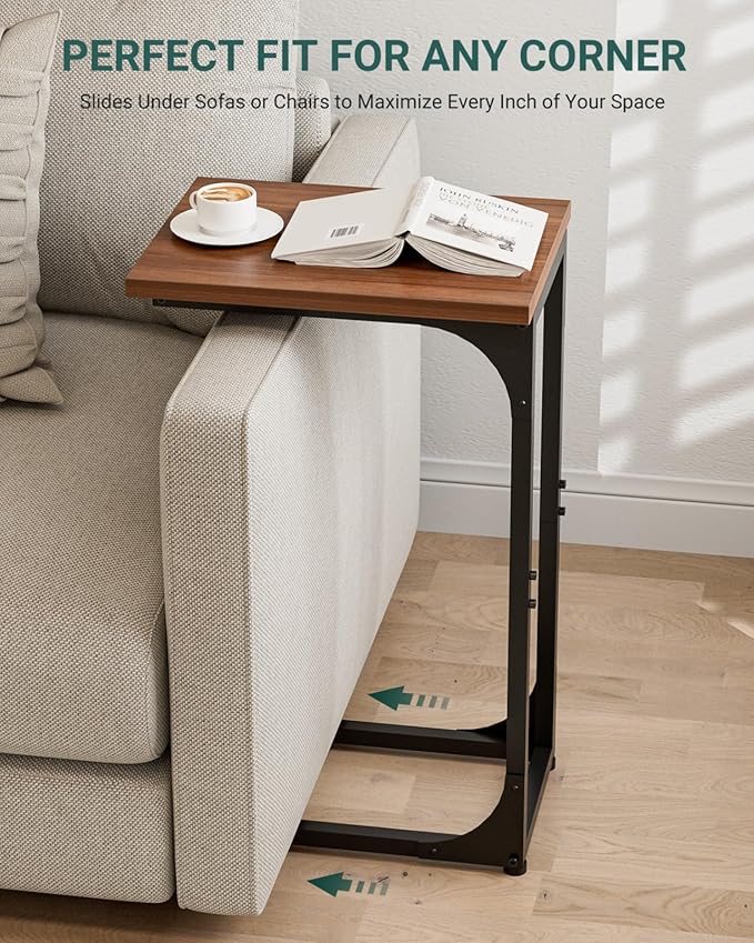 C-Shaped Side Table for Couch - Small Coffee Stand Sofa Tray Desk with Metal Frame and Waterproof Scratch Resistant, Modern End Accent for Living Room, Bedroom, Small Spaces, Rustic Walnut