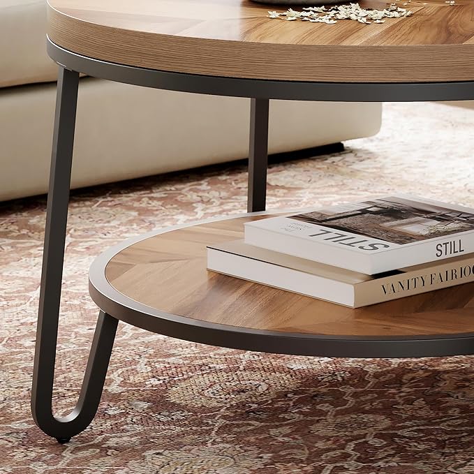 32" Round Coffee Table, Circle Coffee Table for Living Room with 2-Tier Storage Shelves, Design Accent Center Table with Wood Grain Desktop, Easy to Assemble