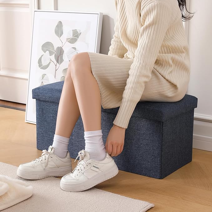 CUYOCA Storage Ottoman Bench Foldable Seat Footrest Shoe Bench End of Bed Storage with Flipping Lid, 75L Storage Space, 30 inches Linen Fabric Navy