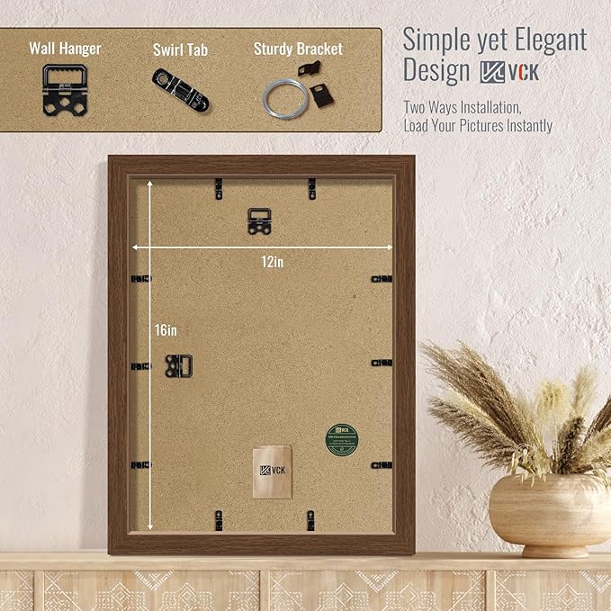 VCK 12x16 Picture Frame 5 Pack - Brown, High-End Wood Poster Frames with Tempered Glass, Display 8.5x11 Photo with Mat or 12x16 without Mat, Art Gallery-Quality, Wall Hanging, Brown
