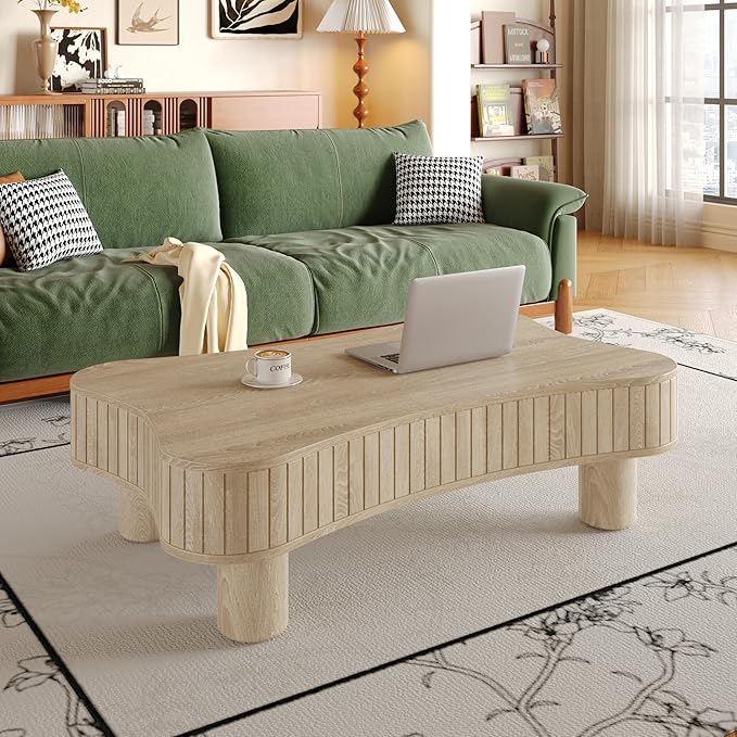 42.5" Lift Top Fluted Coffee Table with Hidden Storage Compartment, Modern Cloud-Shaped Wooden Center Table Cocktail Tea Table with Curved Safety Corners and Adjustable Height, Natural
