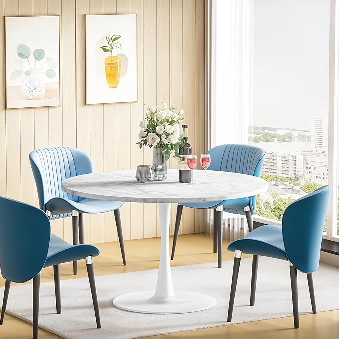 DKLGG White Marble Round Dining Table, 39.1" Tulip Kitchen Dining Table for 4-5 People with MDF Table Top & Pedestal Base, Mid-Century End Living Room Table