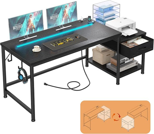 56 Gaming Desk with Drawers & Printer Shelf,Computer Desk with LED Lights & Power Outlet,Home Office Desk with Hook,Reversible Corner Work Study Desk for Bedroom,Black Desk