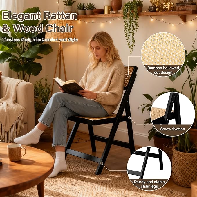Rattan Folding Chairs, Modern Mid Century Dining Chairs Set of 2, Outdoor Bamboo Chairs for Bedroom Living Room Reading Room Dining Kitchen, Black
