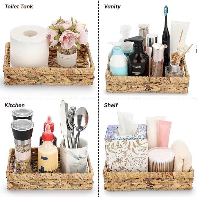 Sumnacon Bathroom Tray for Counter 9.8 Inch Water Hyacinth Bathroom Trays Over Toilet, Wicker Toilet Tank Organizer Decorative Countertop Trays for Toilet Vanity Kitchen Shelf Dining Table Desk