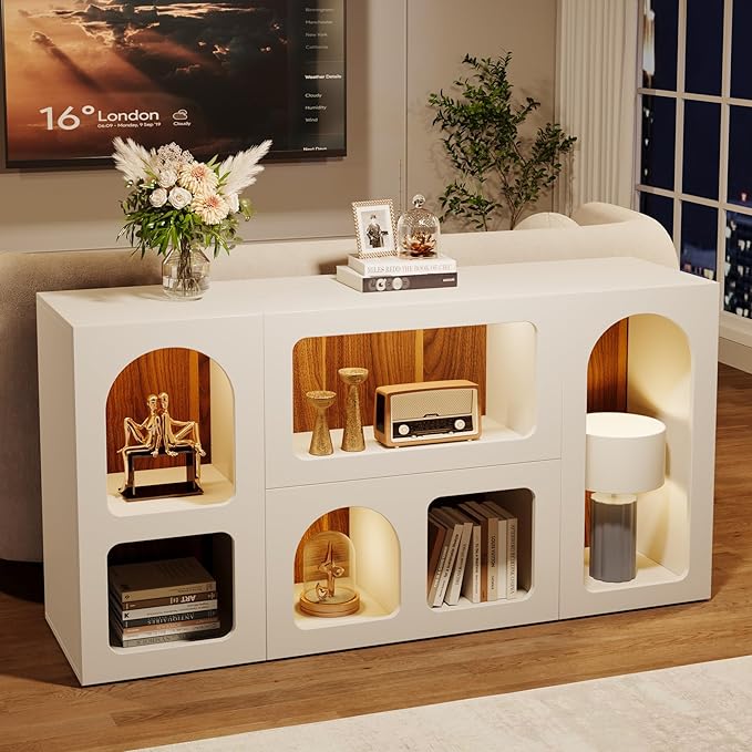 Tribesigns 59" White Console Table, Modern Entryway Table, Wooden Storage Organizer Entrance Table with 6 Compartments, Long Sofa Table, Behind Couch Table with Storage for Living Room, Hallway, Foyer