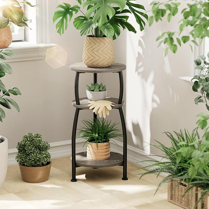 Small Round Side Table, 3-Tier End Table with Storage Shelf, Slim Sofa Table Coffee Table, Sturdy & Easy Assemble Nightstand for Small Spaces, Living Room Bedroom Corner, Grey