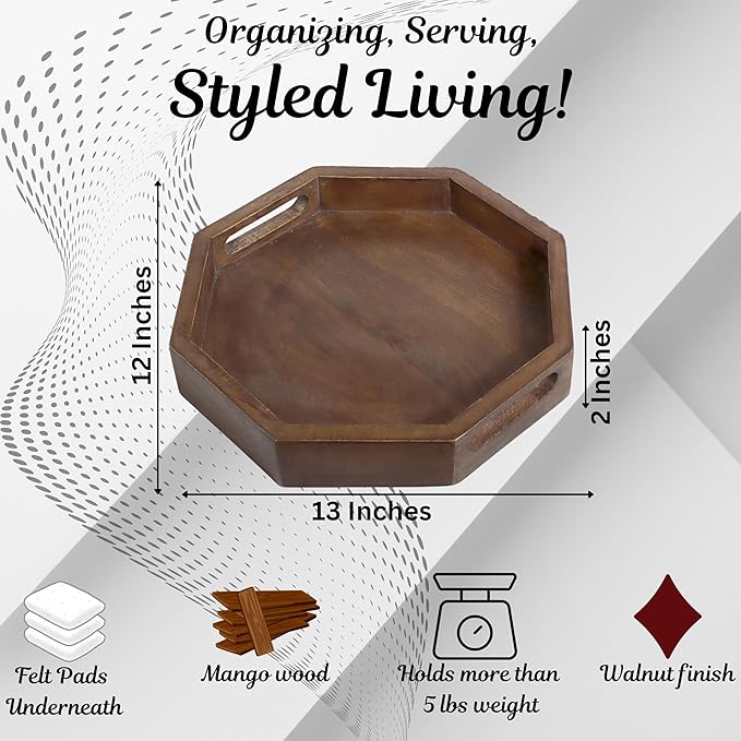 12" Rustic Wooden Serving Tray - Decorative Wood Serving Tray with Handles for Coffee Table, Breakfast in Bed, Food Dinner, Rustic Octagonal Tray (Walnut) - CLEENTABLE