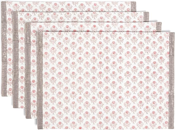 Over&Back Set of 4 Hand-Blocked Placemats - Colorful Dining Table Mat - Each Placemat is Unique - 100% Cotton - Machine Washable - Kitchen and Home Decor - Pink Blossom