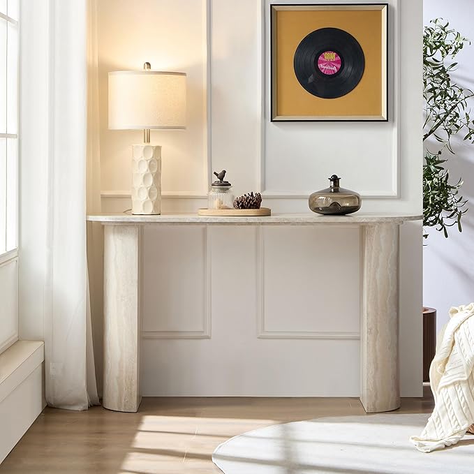 55.12" Faux Marble Pattern Entryway Table - Modern Narrow Console Table for Living Room and Hallway,Beige