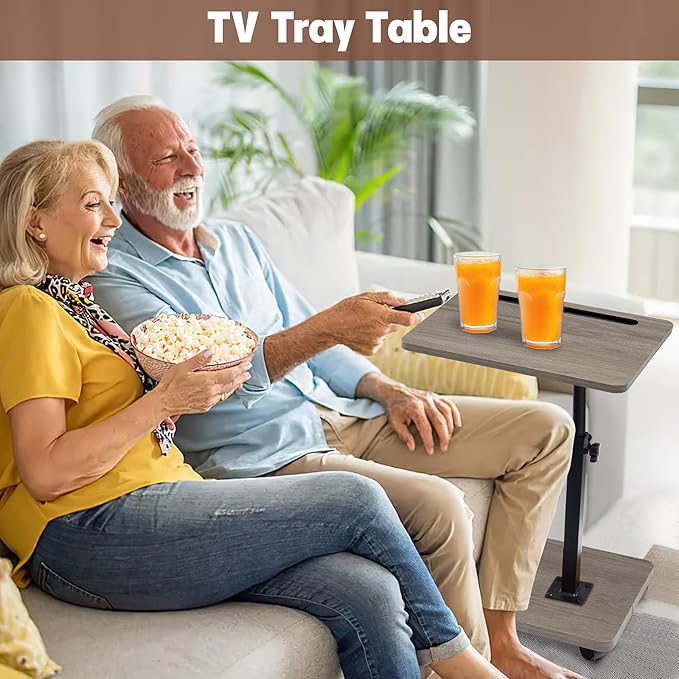 Aoligrace C Table End Table Adjustable Height, 360°Swivel TV Tray Table with Wheels, Small Side Table for Couch C Shaped End Table for Living Room Bedroom Small Spaces (Grey)