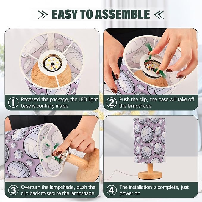 Table Lamp Volleyball Pattern Sport Purple Nightstand Lamp with Wood Base Fabric Lamp Shade Bedside Desk Lamp for Living Room Bedroom Kids Room Office