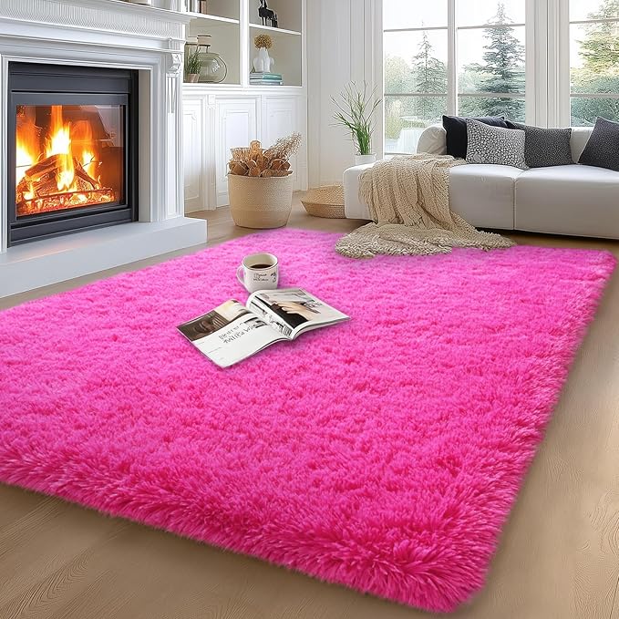 5x7 Area Rugs for Living Room, Large Fluffy Rug for Bedroom, Soft Shag Shaggy Fuzzy Carpets for Boys and Girls Dorm Room Home Decor (5ft x 7ft, Hot Pink)