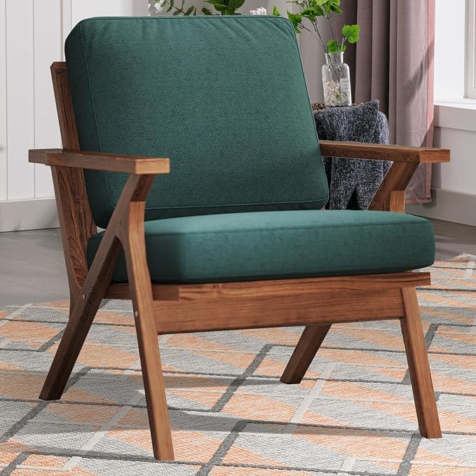 INZOY Mid-Century Modern Accent Chair with Wood Frame, Fabric Living Room Chair and Soft Thick Padded Armchair for Living Room Bedroom Reception with Removable Upholstered Cushions, Dark Green