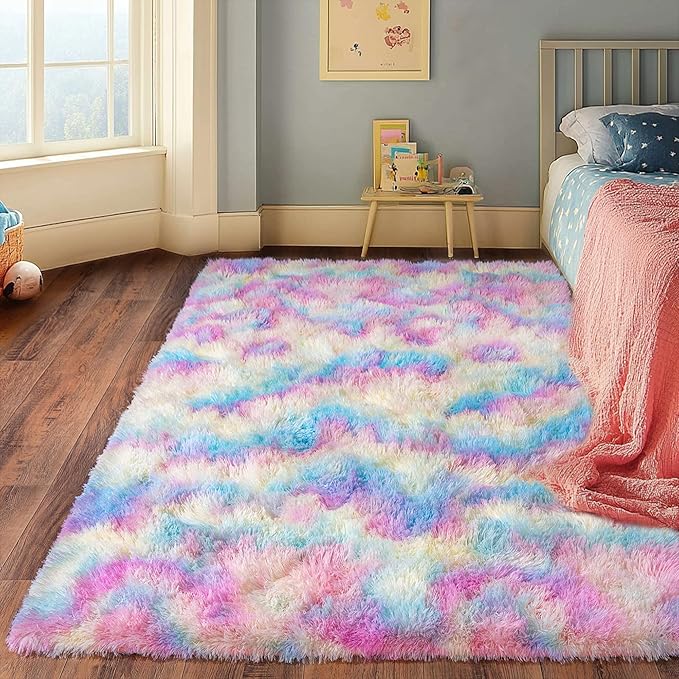 Rainbow Rug for Girls Bedroom, 4x6 Area Rug for Cute Girls Room, Bedside Indoor Floor Fluffy Shag Carpet, Plush Soft Rug for Living Room Nursery Dorm Home Decor