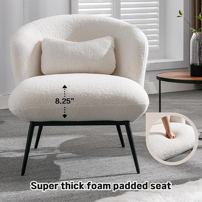 DUOMAY Modern Accent Chair, Sherpa Upholstered Leisure Boucle Single Sofa Lounge Chair with Lumbar Pillow Metal Legs Slipper Chair for Living Room Bedroom Office, White