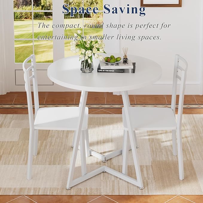 VECELO Small Round Dining Table Set for 2, Wood Tabletop with Strong Metal Frame, Modern Dinette with Chairs for Kitchen, Breakfast Nook Living Room, Pure White