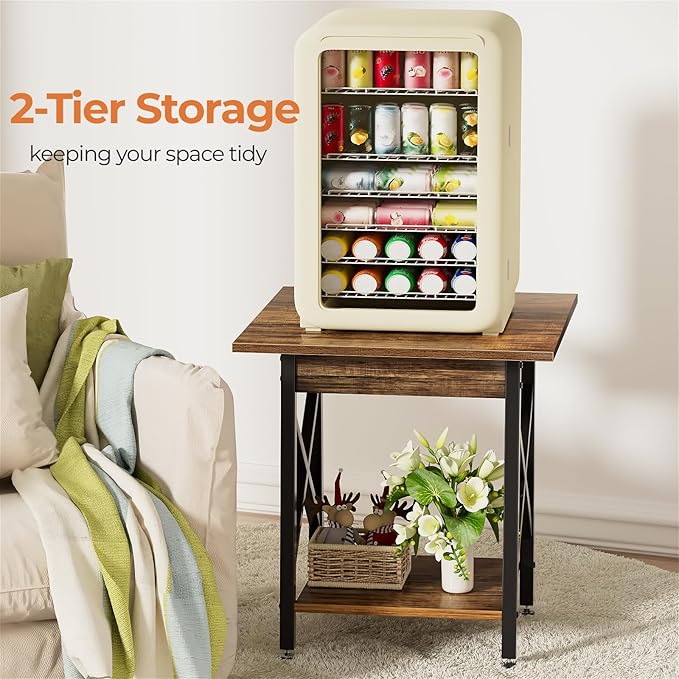 GreenForest End Table 24 inch for Living Room, Large Square Side Tables with X-Frame, Tall Industrial Bedside Nightstand with 2-Tier Storage, Rustic Walnut