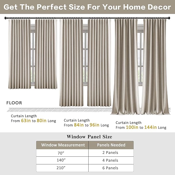 92 Inch Long Curtains Blackout 2 Panels,Custom Made Modern Neutral Soundproof Elegant Decorative Dark Out Linen Cottage Nursery Draperies for Living Room 50x92-in Linen Beige